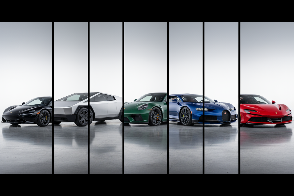 kilka aut obok siebie, kazde zdjecie w pionie