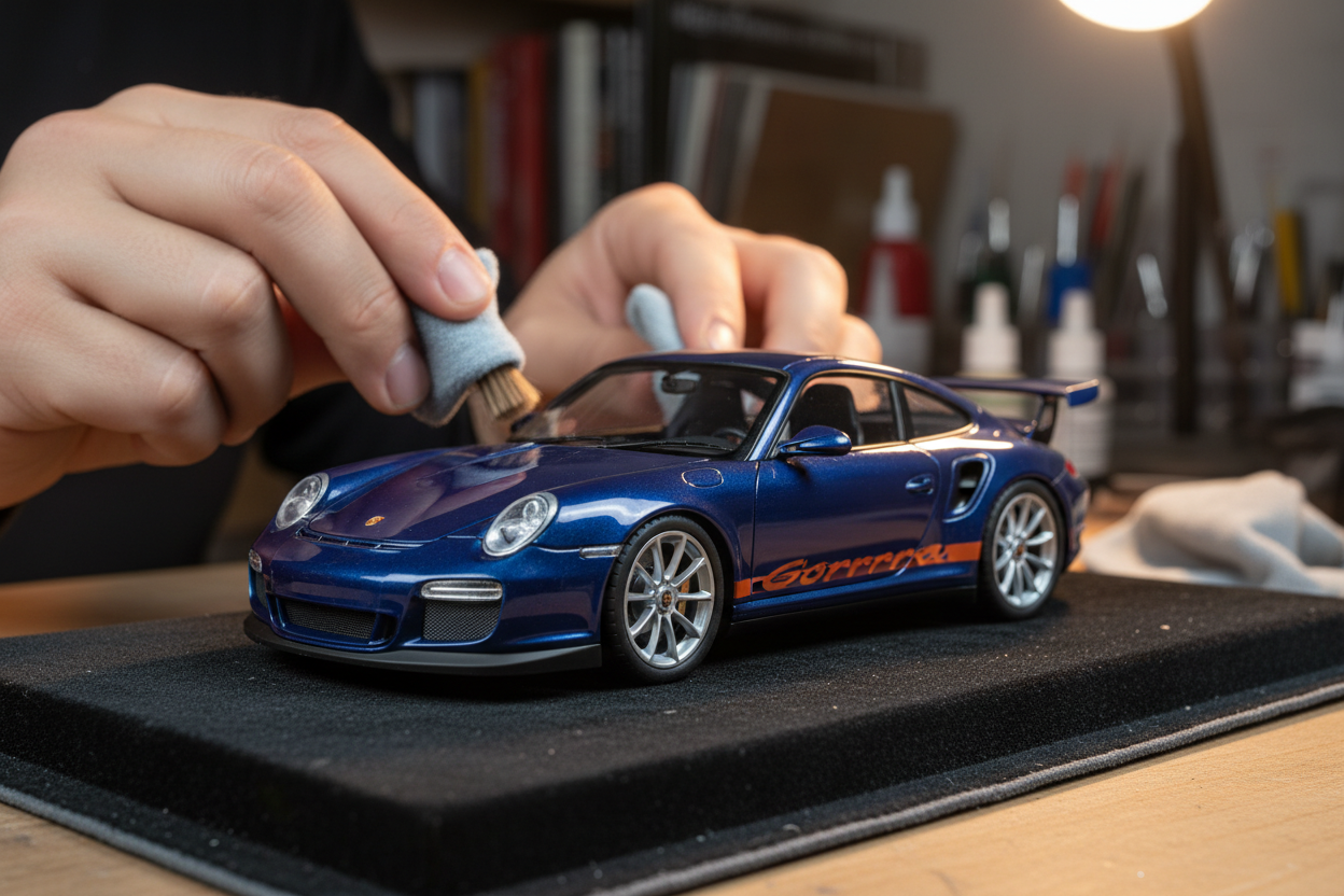 wygeneruj zdjecie na ktoirym osoba czysci model autka 1:24